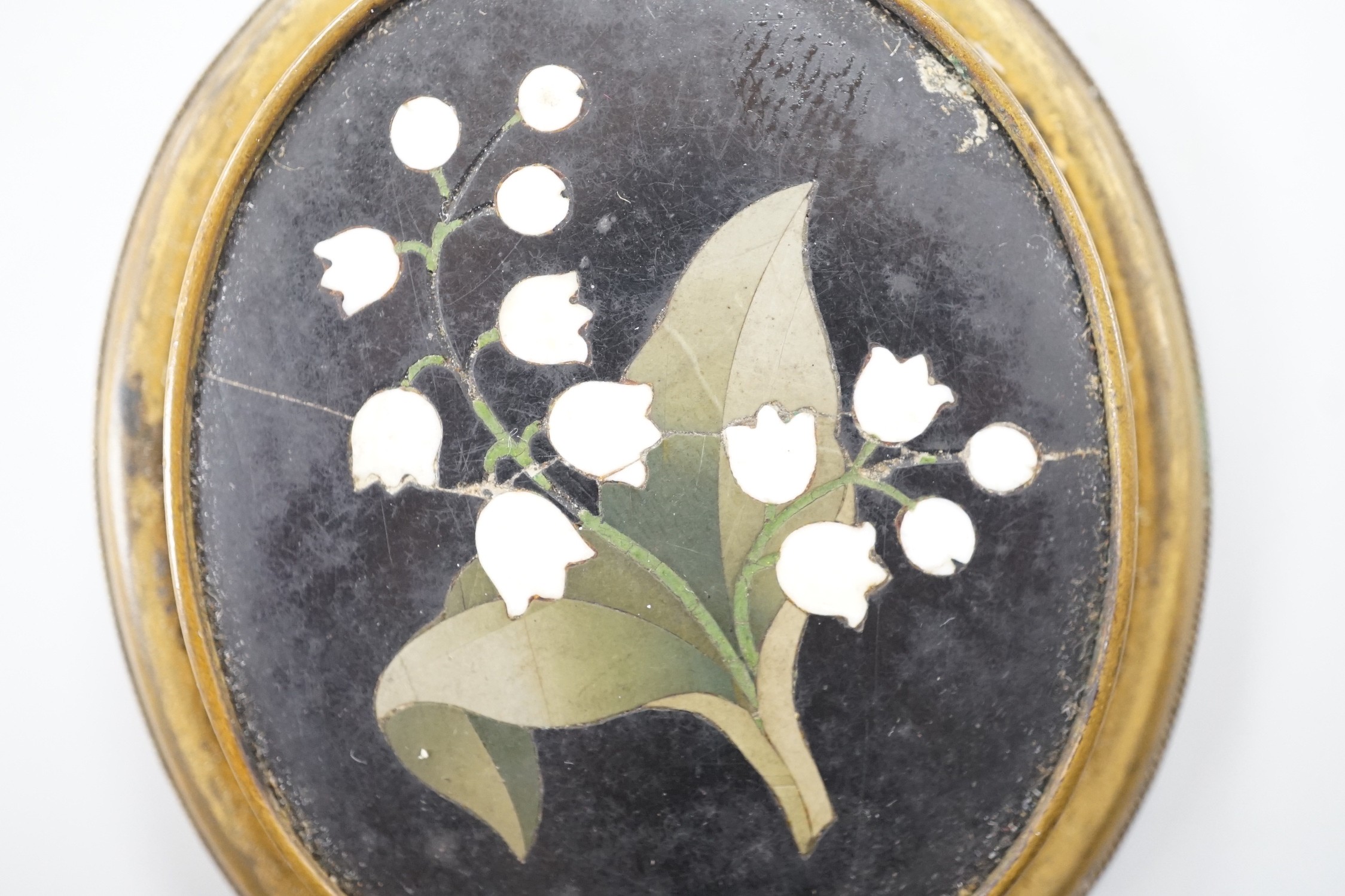 A gilt metal and Pietra Dura set oval brooch, 60mm.
